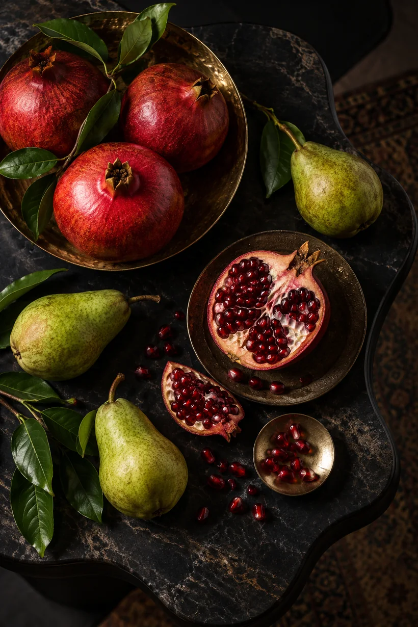 Pomegranates and pears lit like a rich film still